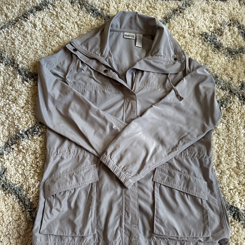 Chico Sz 1 Silver Shimmer Raincoat Windbreaker Front Zip